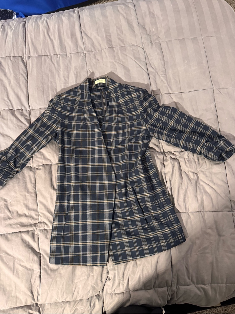 Babaton Navy & Gray Plaid Longline Blazer